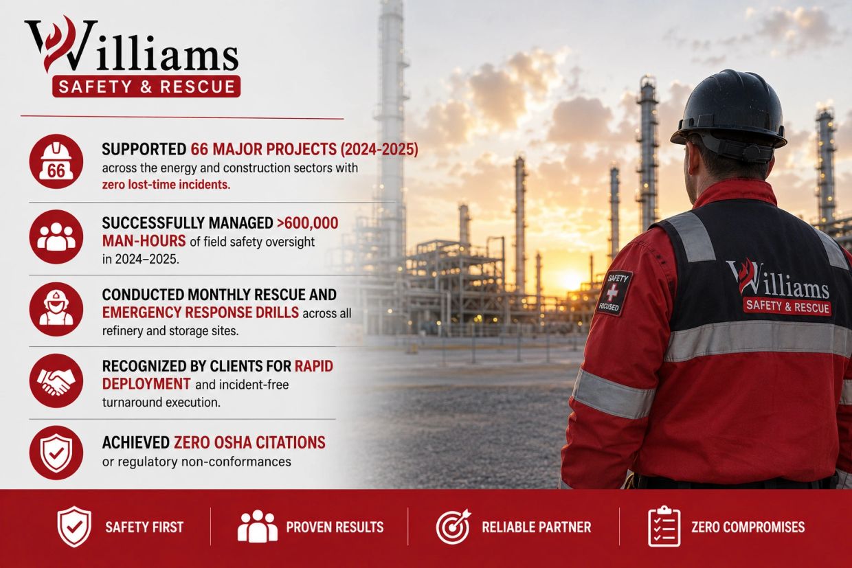 Williams Safety & Rescue excels in major projects with zero lost-time incidents and rapid emergency response.