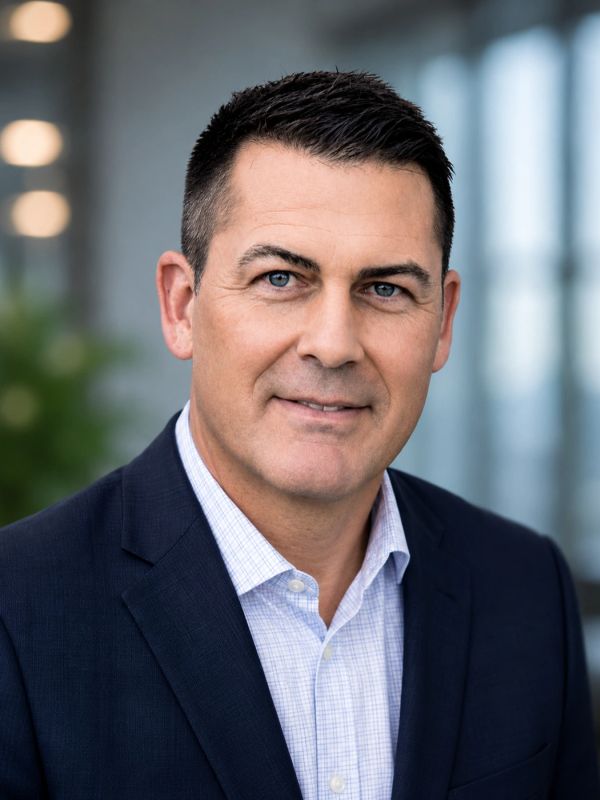 Professional man in suit smiling with blurred office background.