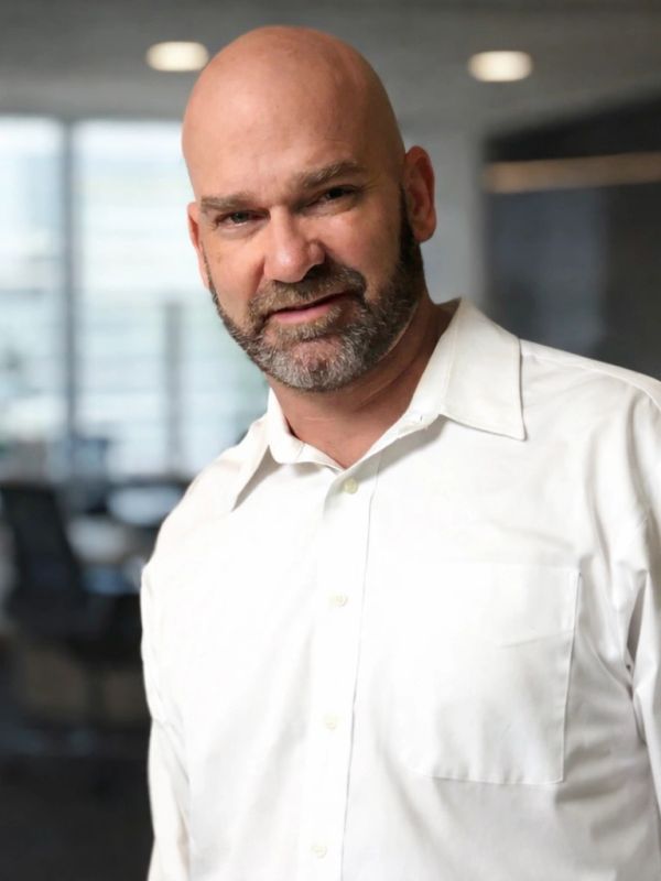 A bald man with a beard wearing a white shirt, smiling slightly indoors.