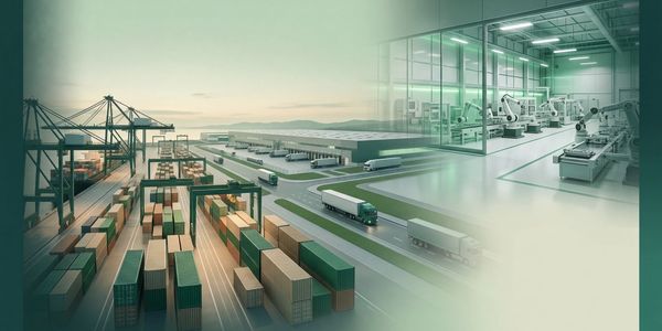 A futuristic logistics hub with container shipping and automated factories.