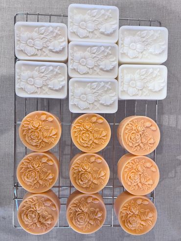 Natural decorative peach and gardenia soaps. Both have a light shimmer to them!