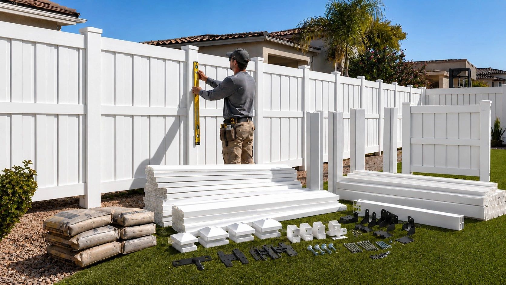 Man measuring white fence panels with tools laid out.
