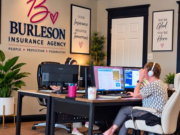 Modern insurance office with two employees working on computers.