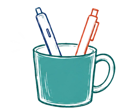 Mug holding a stylus and a pen representing designing ideas and programs