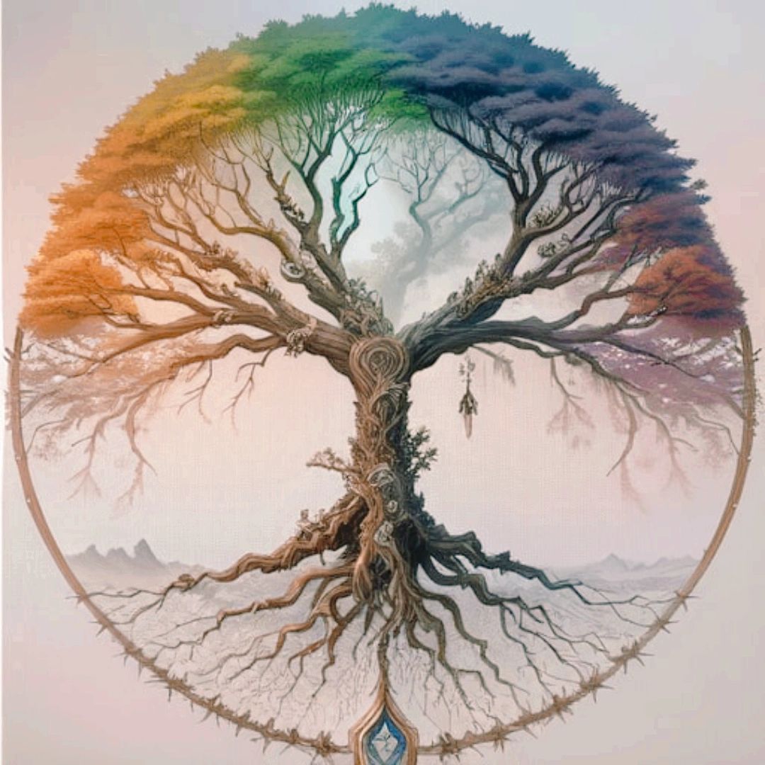 soft rainbow tree of life image, with title
