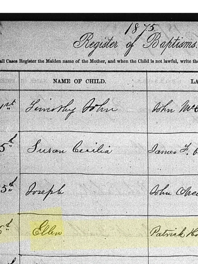 1875 baptism register listing children and their parents' names.