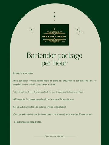 The Lucky Penny bartender package details per hour for events.