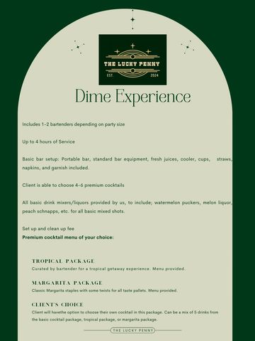 Flyer for The Lucky Penny's Dime Experience cocktail service with bartender and premium cocktail options.