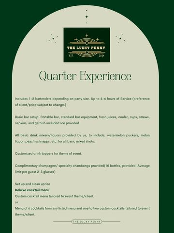 Flyer detailing The Lucky Penny's Quarter Experience bartending service for events.