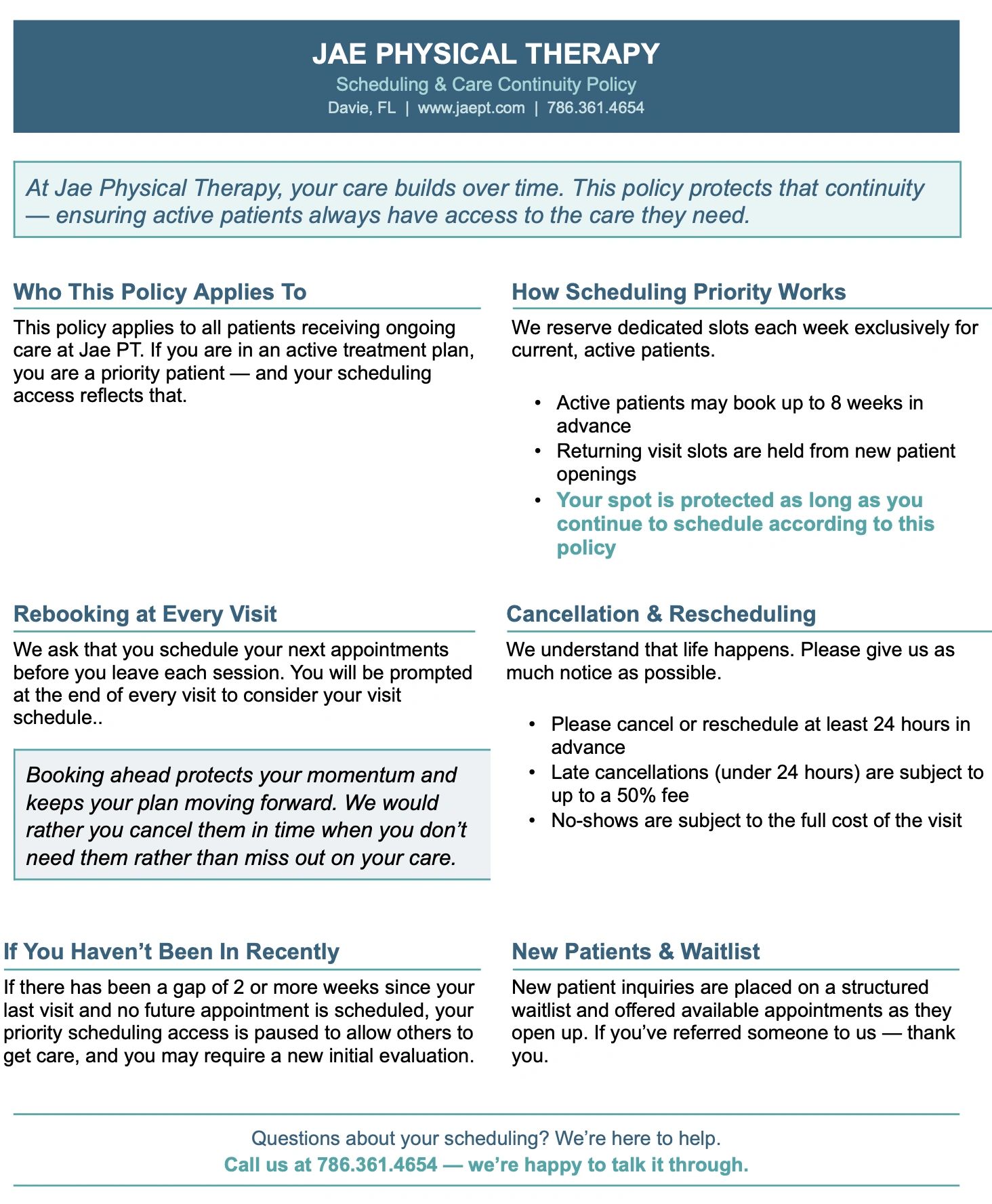 Jae Physical Therapy outlines scheduling policies to protect patient care continuity and priority access.