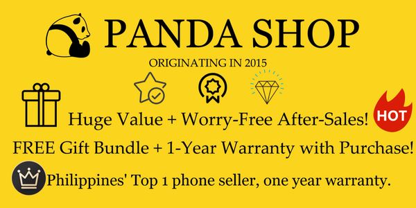 Promotional banner for Panda Shop phone seller with warranty and gift offers.