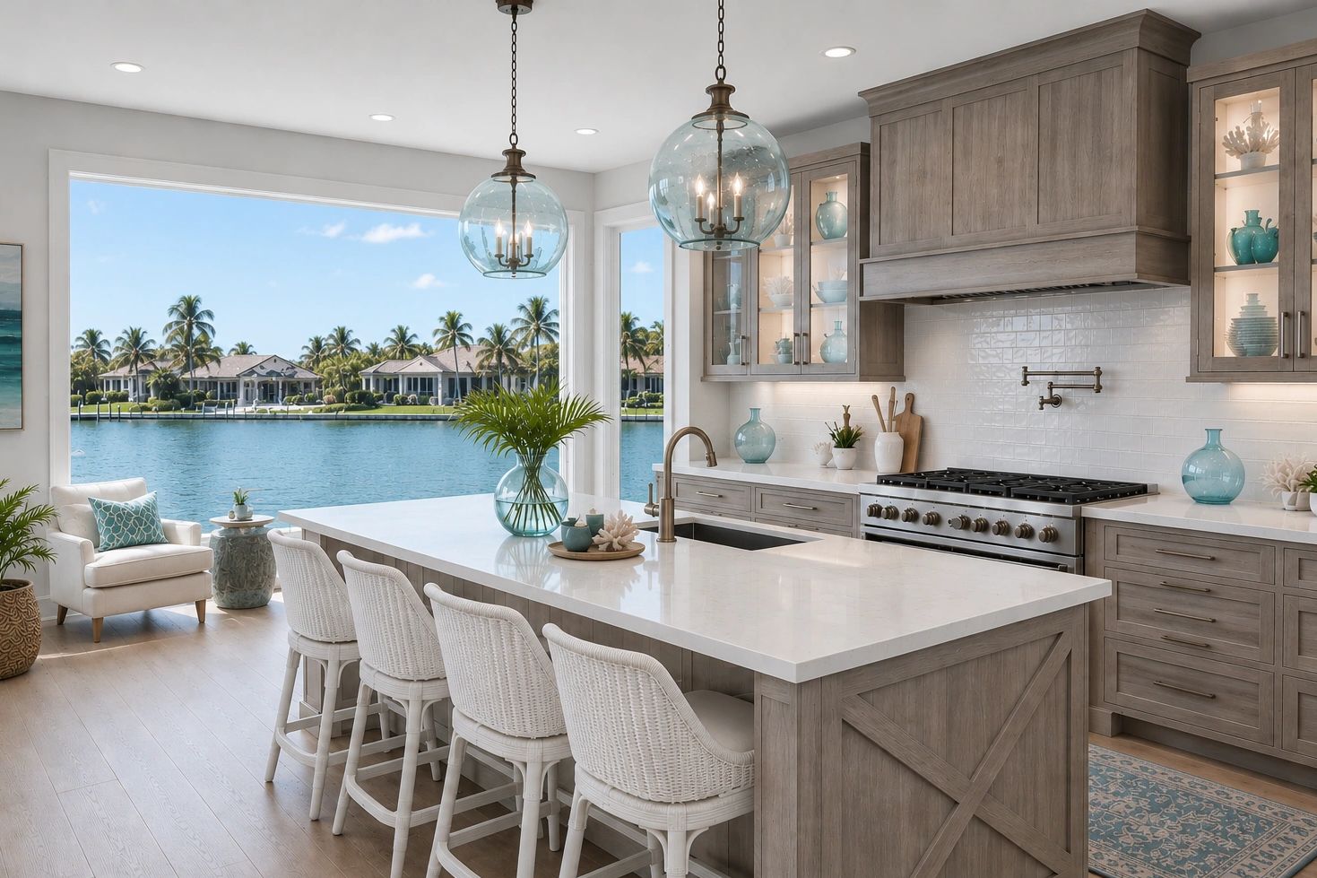 Canal front kitchen interior designed with driftwood, teal color palette, subway tile and barstools,