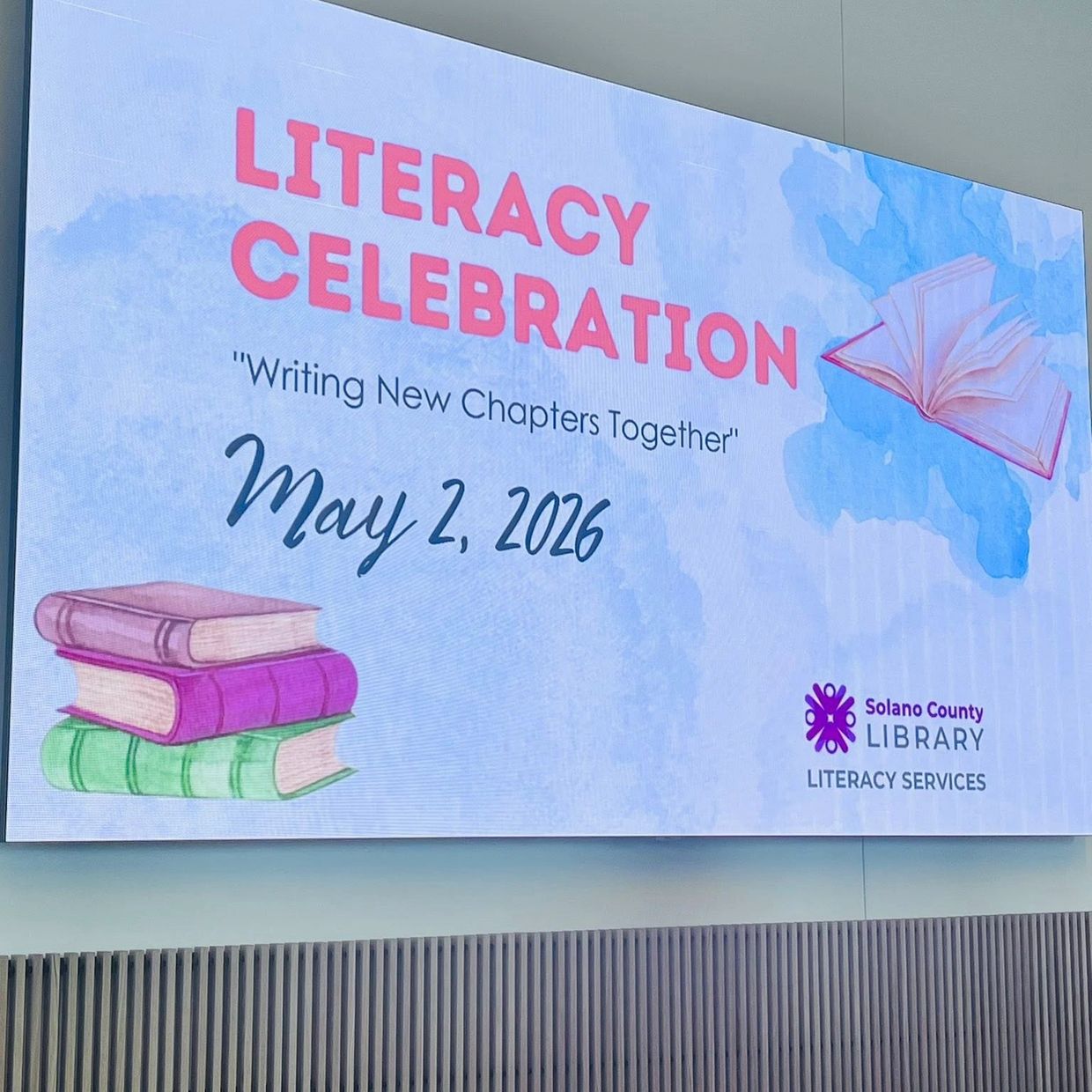 Event poster for a literacy celebration on May 2, 2026, by Solano County Library.