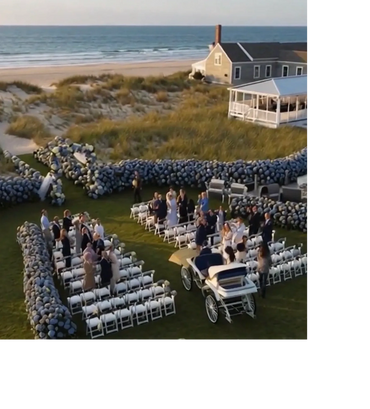 Outdoor wedding ceremony setup by the beach with guests and a horse-drawn carriage.