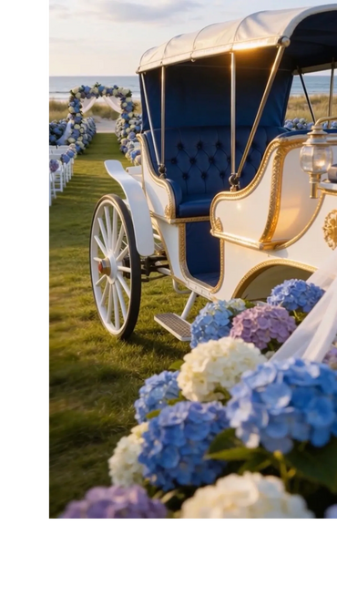Elegant white and gold carriage at a seaside wedding venue with blue and white floral decorations.