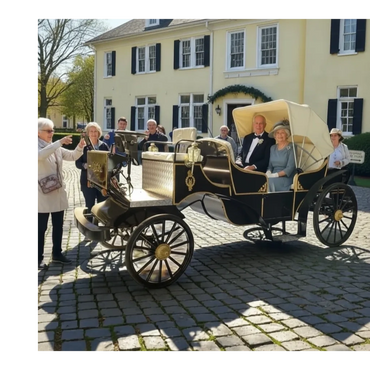A vintage car with people dressed elegantly, posing for a photo outside a classic building.