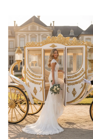 Bride in elegant white gown stepping into a royal carriage holding a bouquet.