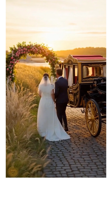 Bride and groom walk towards a floral arch at sunset beside a vintage carriage.