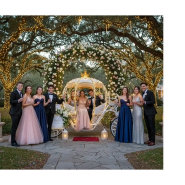 A beautifully decorated prom group photo with a lighted carriage and floral arch.