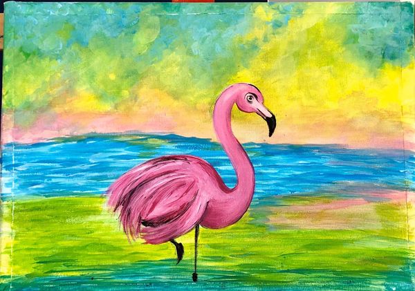 Vibrant painting of a pink flamingo by a colorful lakeside.