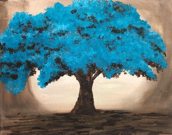 Painting of a tree with bright blue leaves and a dark brown trunk.