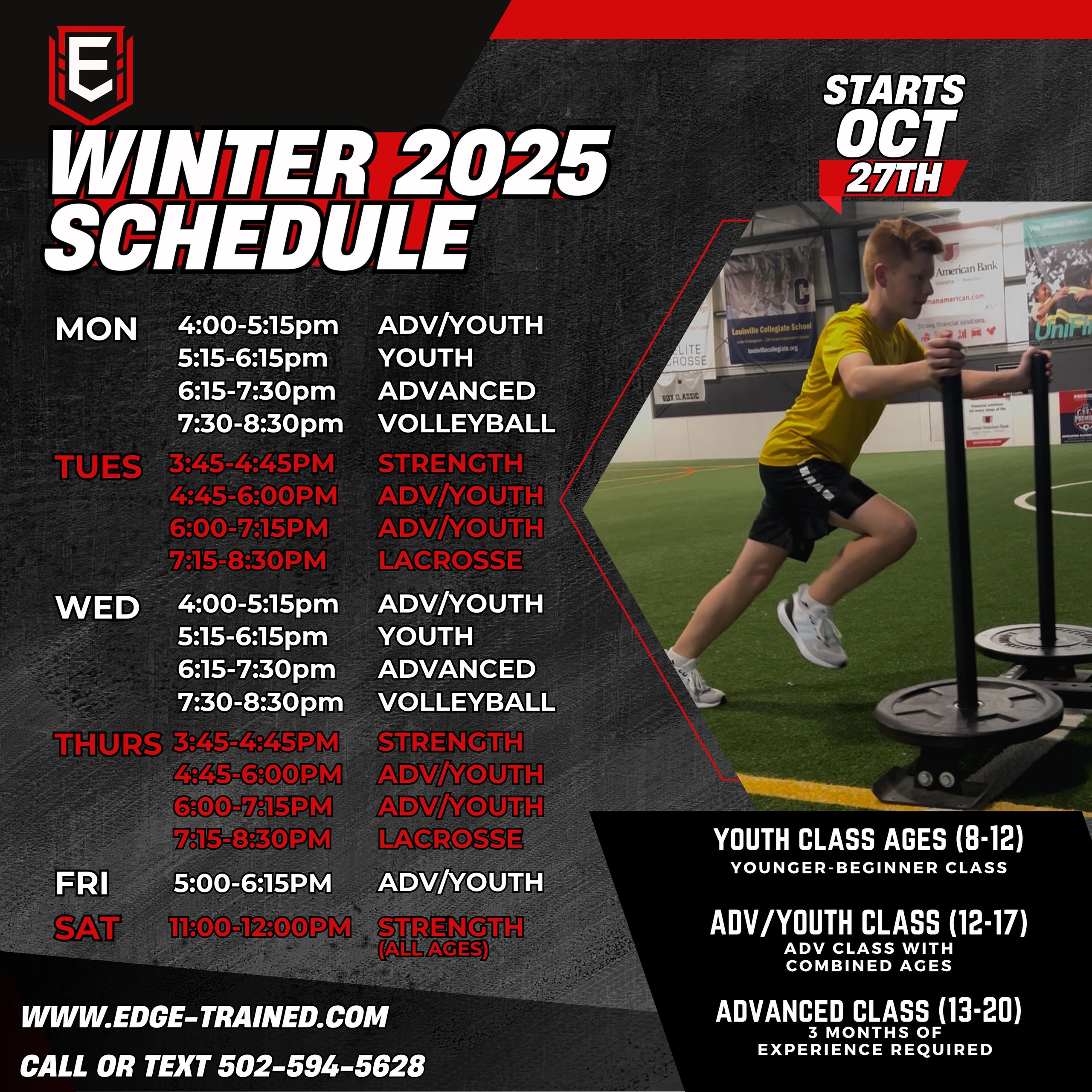 Winter 2025 schedule for youth and advanced classes starting October 27th.