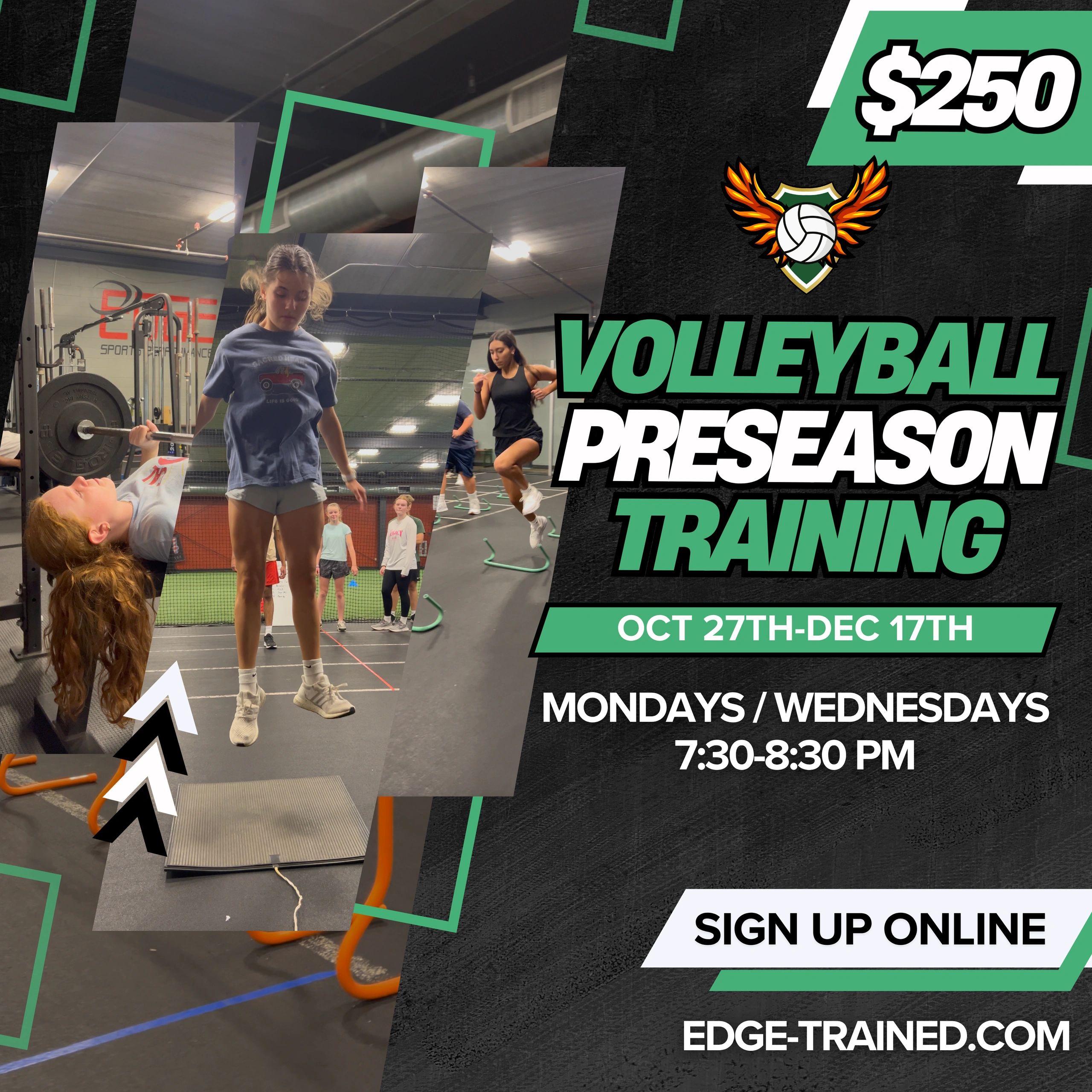 Volleyball preseason training from Oct 27 to Dec 17, Mondays and Wednesdays 7:30-8:30 PM for $250.