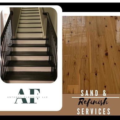 Black and white stairs with polished wooden floor and sand and refinish services text.