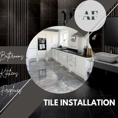 Modern kitchen with sleek tile flooring and white cabinetry.