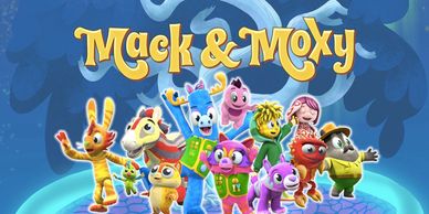 The animated cast of Mack & Moxy, with Hank Azaria, Keegan-Michael Key, Rachael Ray & Simone Biles.