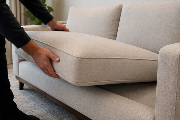 Person adjusting beige sofa cushions.