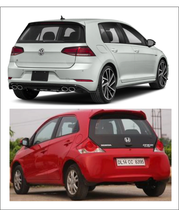 White Volkswagen hatchback viewed from rear side.