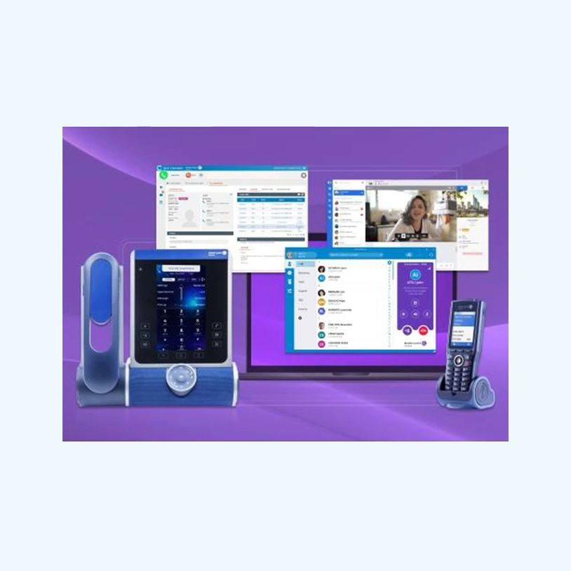 Modern VoIP phones and communication software on a purple background.