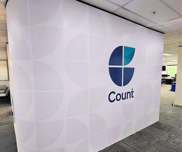 Acrylic Logo Reception Sign with Custom Logo Branded Wallpaper and Wall Decals in Bella Vista