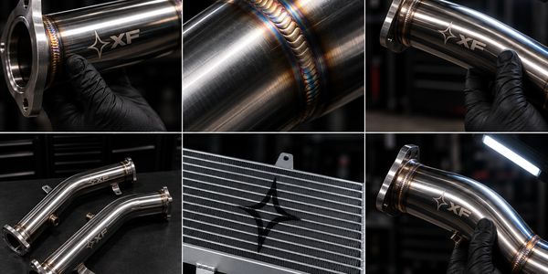 Close-up shots of XF branded metal pipes and an intercooler.