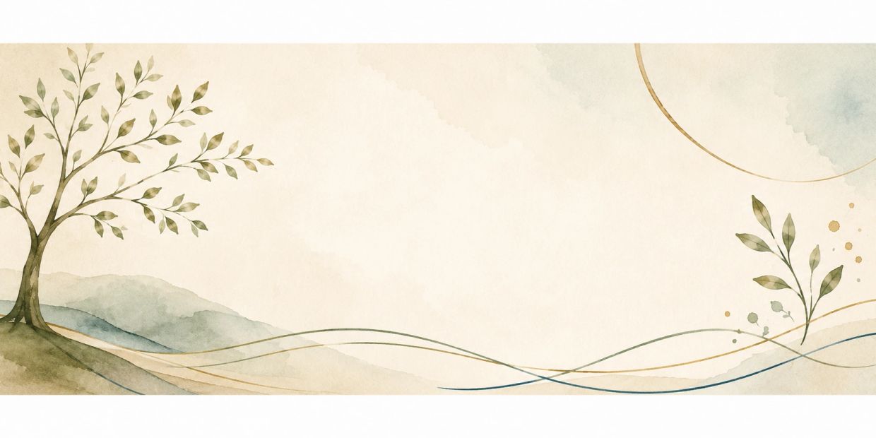 Appealing watercolor landscape with tree and flowing lines.