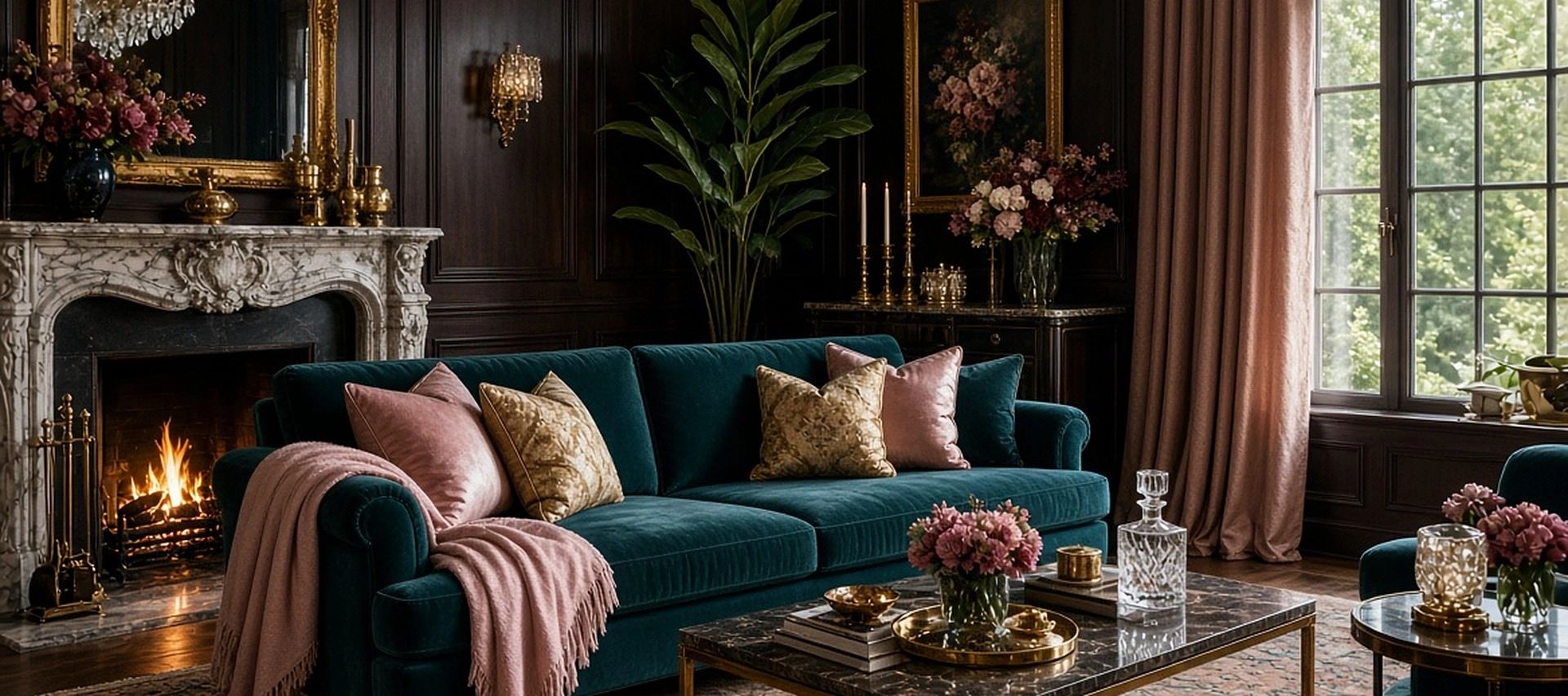 Luxurious living room with a teal velvet sofa, blush pillows, and a marble fireplace