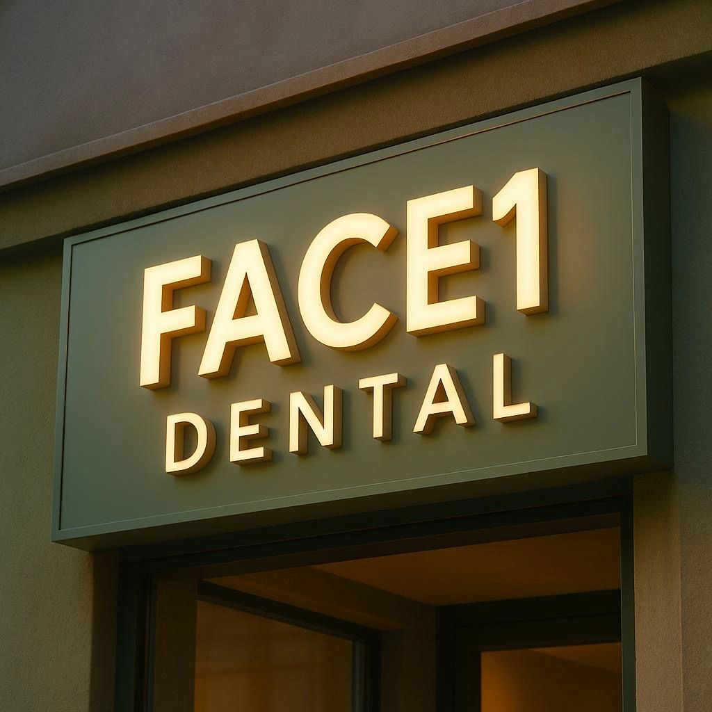 FACE1 DENTAL signboard outside dental clinic in Sector 121, Noida — experts in implants & braces.