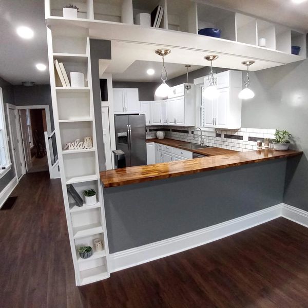 Kitchen designer countertops sink appliance install tile backsplash butcher block shelves flooring