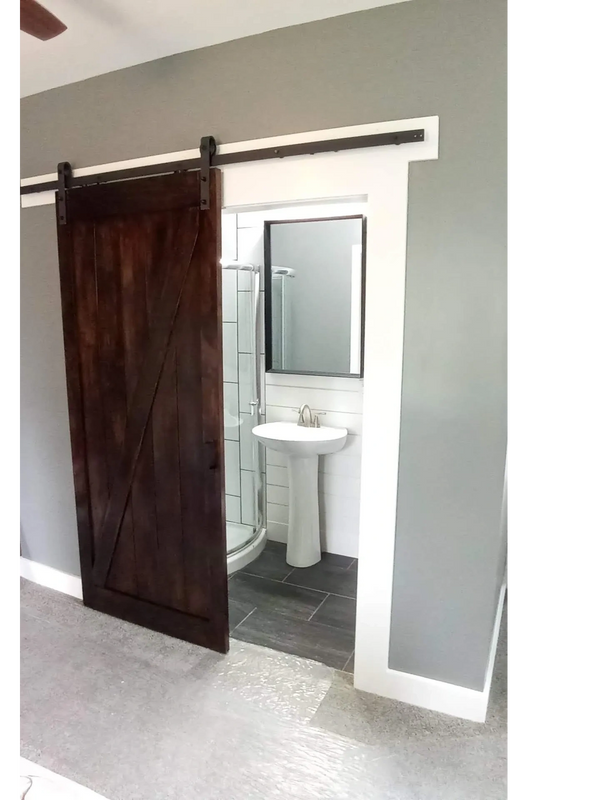 barn door install bathroom renovation vanity lighting shower plumbing flooring design licensed tile