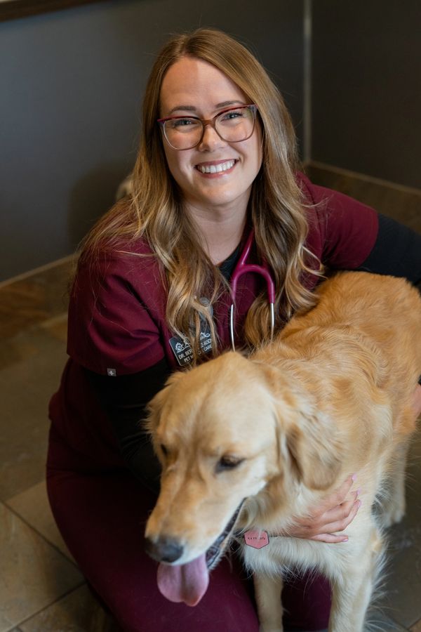 Smiling vet with a golden retriever.