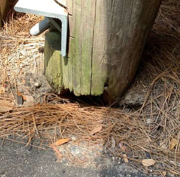 Close-up of a weathered wooden post with a metal bracket and pine needles scattered around.
