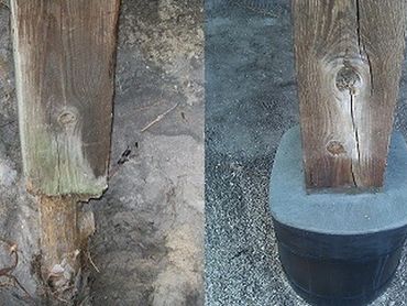 Comparison of a rotted wooden post before and after being repaired with a protective base.