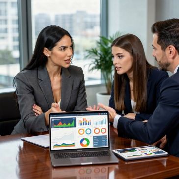 Three professionals discussing business data around a table with laptop and tablet.