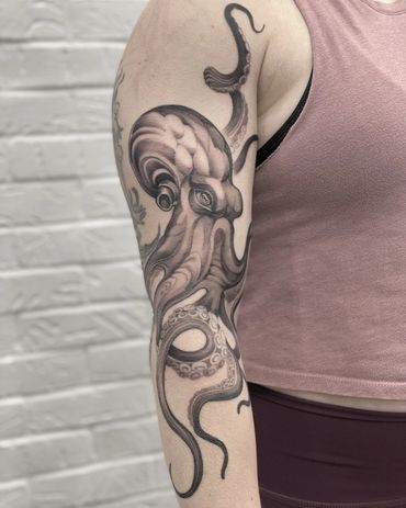 Octopus tattoo black and grey tattoo by Jason Nicholson in Chester county Pennsylvania 