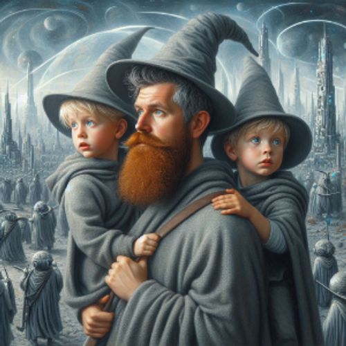 a father and his two sons traveling a mysterious world