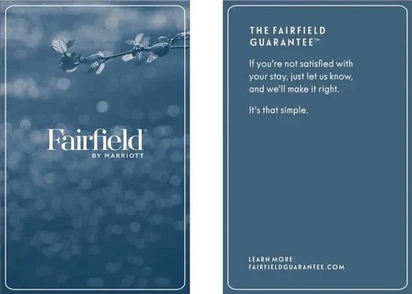 Fairfield by Marriott guarantee card with satisfaction promise.