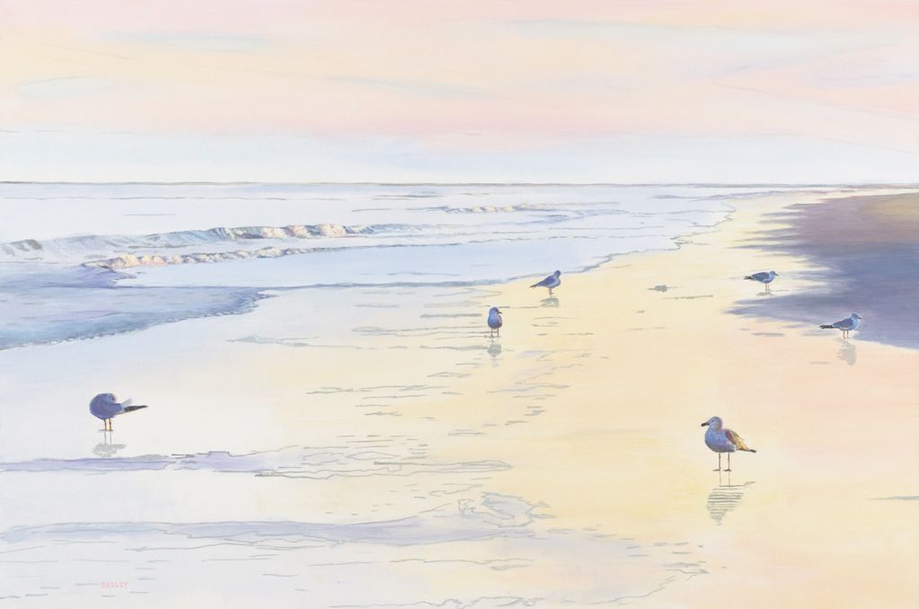 Sunrise on the beach with seagulls, Florida, ocean waves