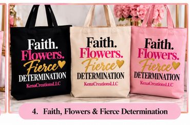 inspirational canvas tote bags in black, natural beige, and pink.