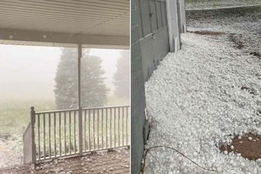 Large hailstones cover the ground after a severe hailstorm.